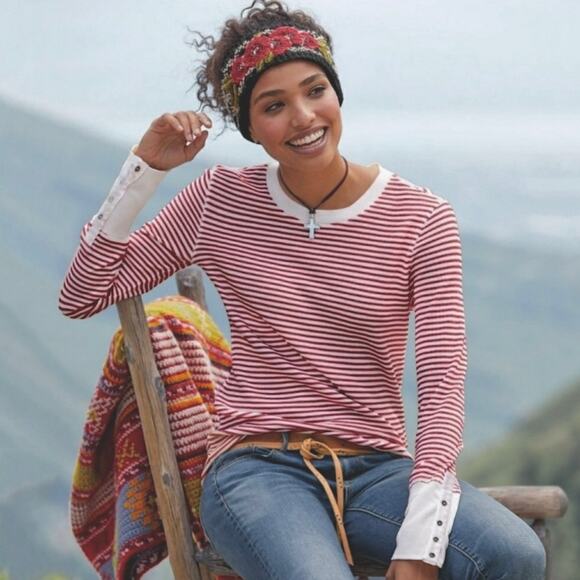 Sundance Elemental Joy Striped Thermal Long Sleeve Top Button Cuffs Red Size L - Picture 2 of 7